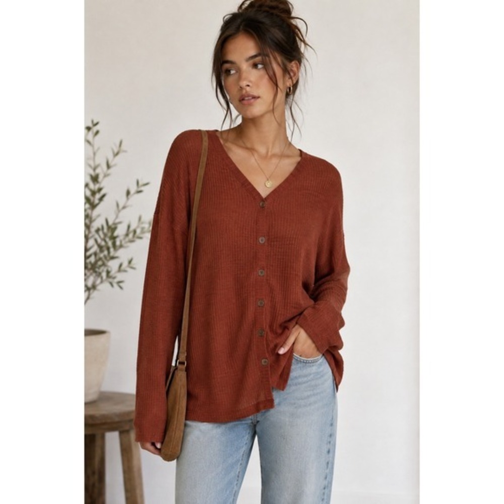 Urban Outfitters Rust Waffle Knit Button Front Oversized M